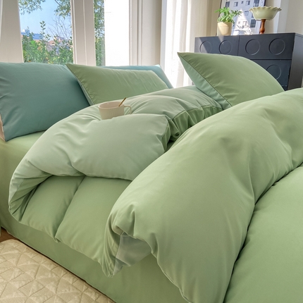 91家纺网 家纺一手货源 找家纺 芷凡家纺 2024新款水洗磨毛四件套 草绿+浅绿