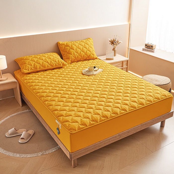 91家纺网 家纺一手货源 找家纺 3C 2024新款全棉色织水洗绵抗菌床笠 柠檬黄