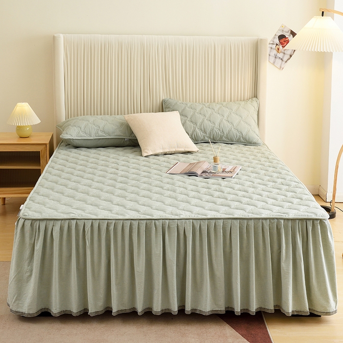 91家纺网 家纺一手货源 找家纺 3C 2024新款风车抗菌水洗棉床裙  抹茶绿