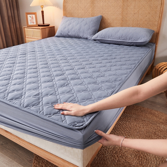 91家纺网 家纺一手货源 找家纺 3C 2024新款抗菌防螨透气防水夹棉床笠 蓝灰色