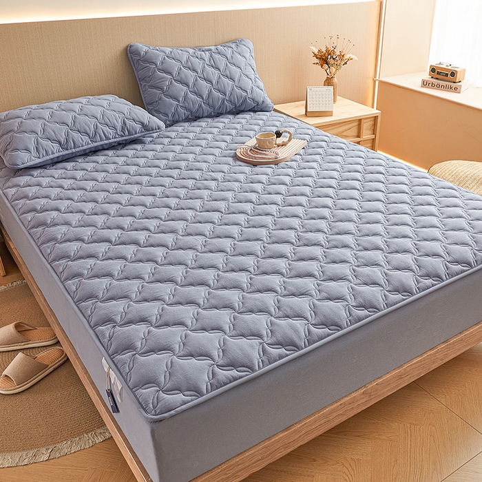 91家纺网 家纺一手货源 找家纺 3C 2024新款全棉色织水洗绵抗菌床笠 蓝灰色