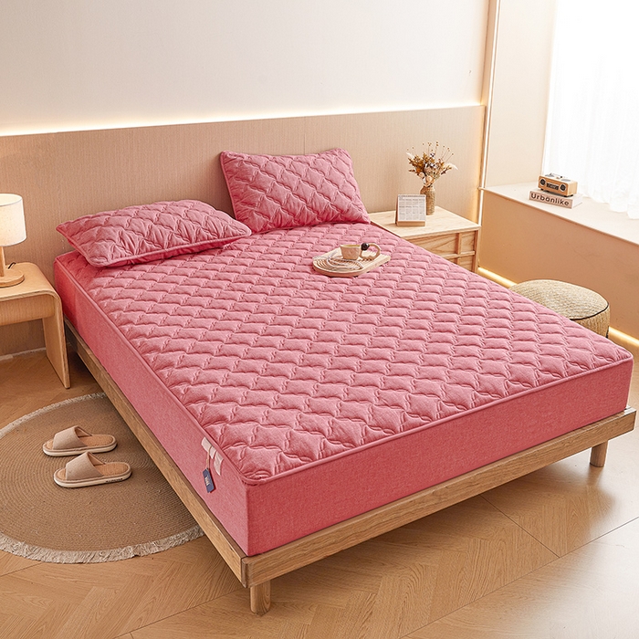 91家纺网 家纺一手货源 找家纺 3C 2024新款全棉色织水洗绵抗菌床笠 西瓜粉