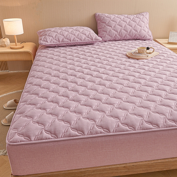 91家纺网 家纺一手货源 找家纺 3C 2024新款全棉色织水洗绵抗菌床笠 浅紫色