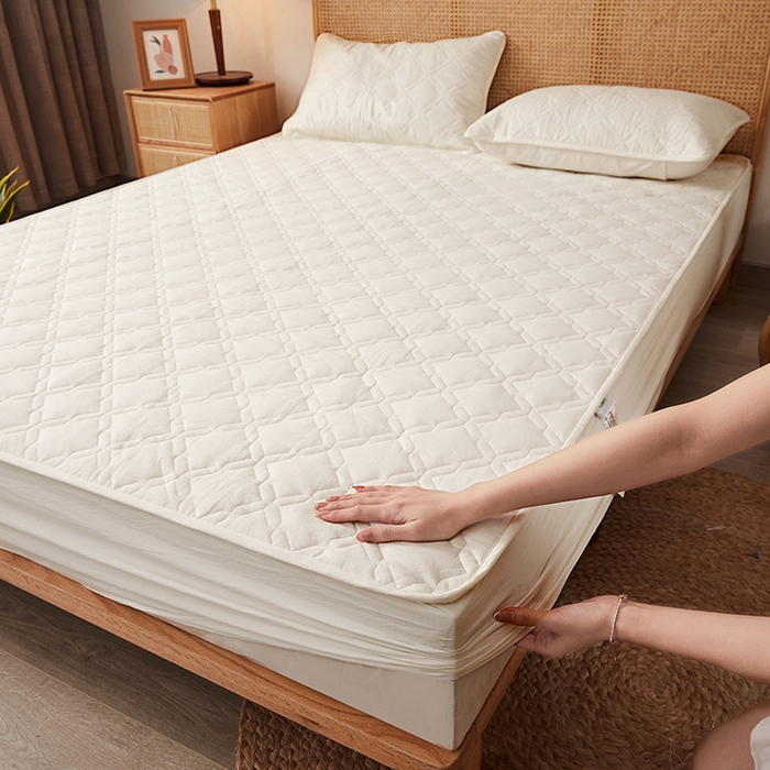 91家纺网 家纺一手货源 找家纺 3C 2024新款抗菌防螨透气防水夹棉床笠 珍珠白