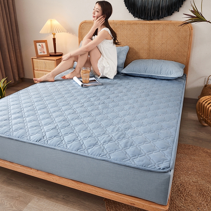 91家纺网 家纺一手货源 找家纺 3C 2024新款抗菌防螨透气防水夹棉床笠 浅蓝色