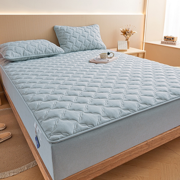 91家纺网 家纺一手货源 找家纺 3C 2024新款全棉色织水洗绵抗菌床笠 浅蓝色