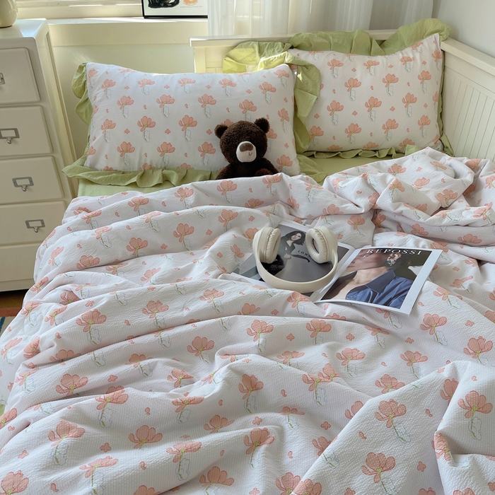 91家纺网 家纺一手货源 找家纺 顾里家纺 2024新款韩系治愈小清新花边氧气泡泡棉夏被四件套 田野少女