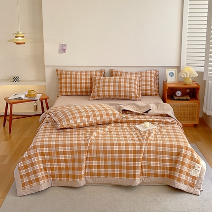 91家纺网 家纺一手货源 找家纺 莱宁 2024新款a类里外全棉色织水洗棉棉花夏被 黄调格