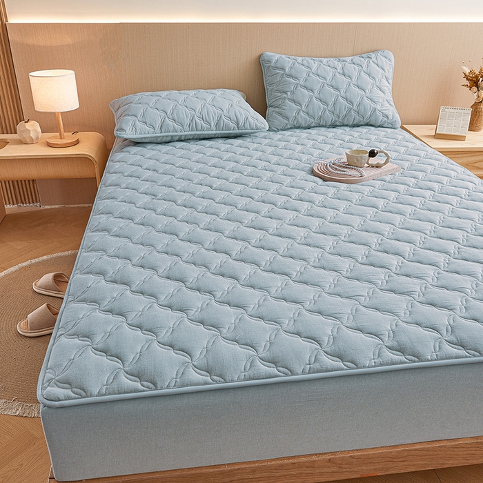 91家纺网 家纺一手货源 找家纺 3C 2024新款全棉色织水洗绵抗菌床笠 浅蓝色