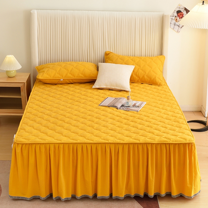 91家纺网 家纺一手货源 找家纺 3C 2024新款风车抗菌水洗棉床裙  柠檬黄