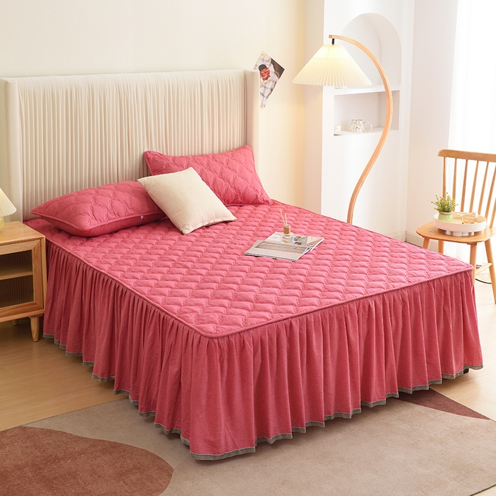 91家纺网 家纺一手货源 找家纺 3C 2024新款风车抗菌水洗棉床裙  红豆沙