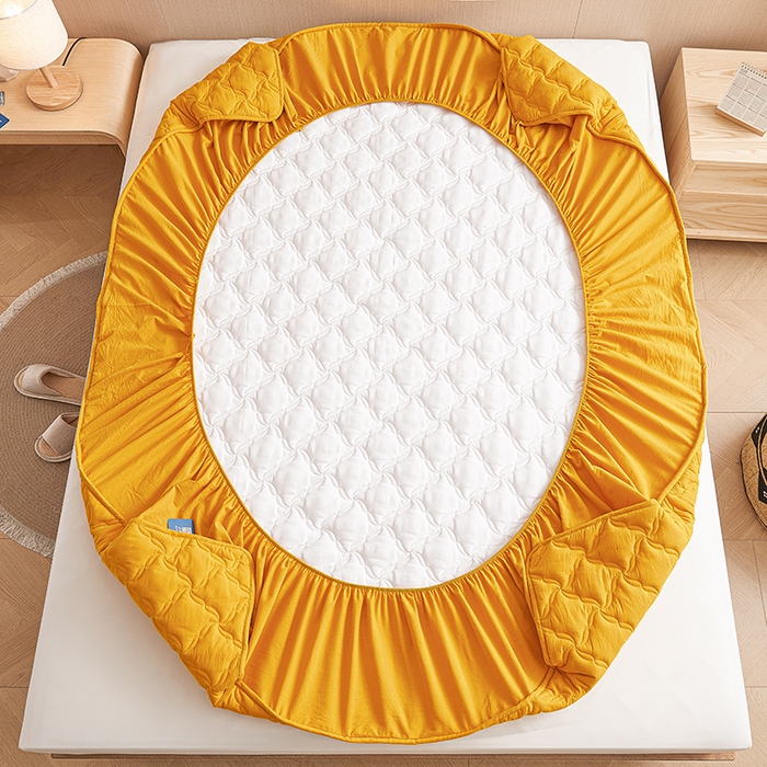 91家纺网 家纺一手货源 找家纺 3C 2024新款全棉色织水洗绵抗菌床笠 柠檬黄