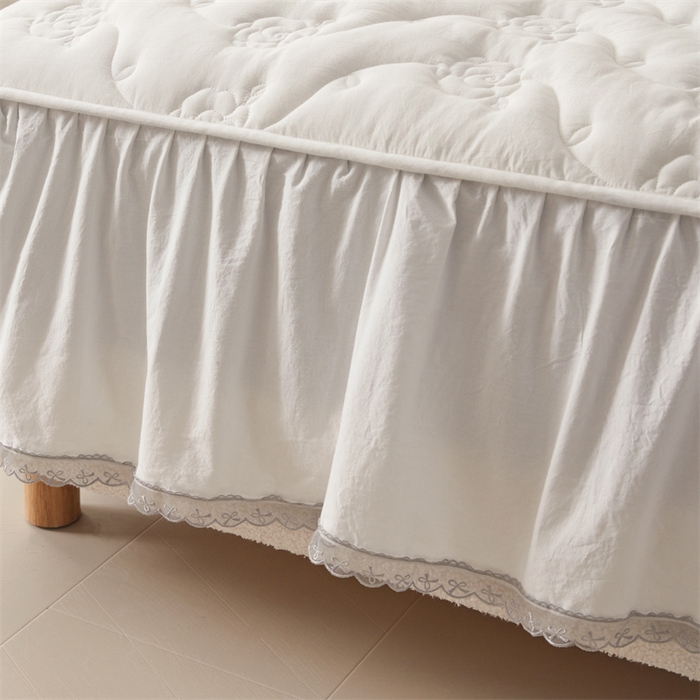 91家纺网 家纺一手货源 找家纺 3C 2024新款玫瑰水洗棉床裙式床笠 奶昔白