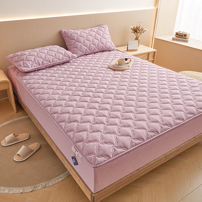 91家纺网 家纺一手货源 找家纺 3C 2024新款全棉色织水洗绵抗菌床笠 浅紫色