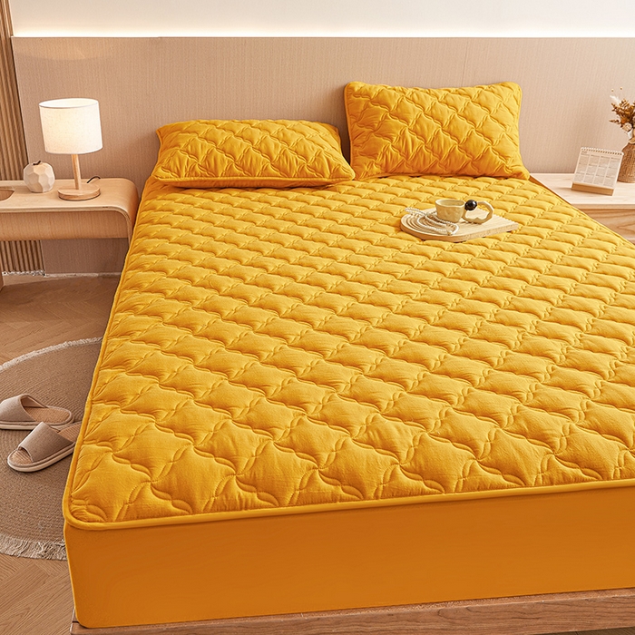 91家纺网 家纺一手货源 找家纺 3C 2024新款全棉色织水洗绵抗菌床笠 柠檬黄