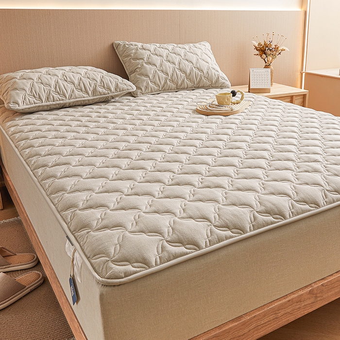 91家纺网 家纺一手货源 找家纺 3C 2024新款全棉色织水洗绵抗菌床笠 清新灰