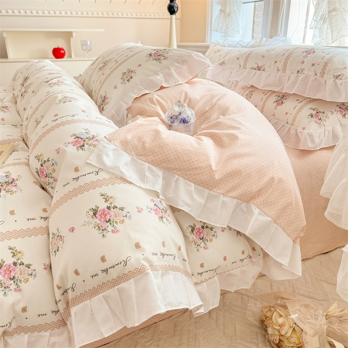 91家纺网 家纺一手货源 找家纺 简宜家居（朝初家纺） 2025新款40支斜纹全棉花边款四件套 粉色色卡