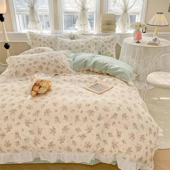 91家纺网 家纺一手货源 找家纺 简宜家居（朝初家纺） 2025新款40支斜纹全棉花边款四件套 寻意花海