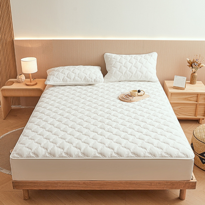 91家纺网 家纺一手货源 找家纺 3C 2024新款全棉色织水洗绵抗菌床笠 珍珠白