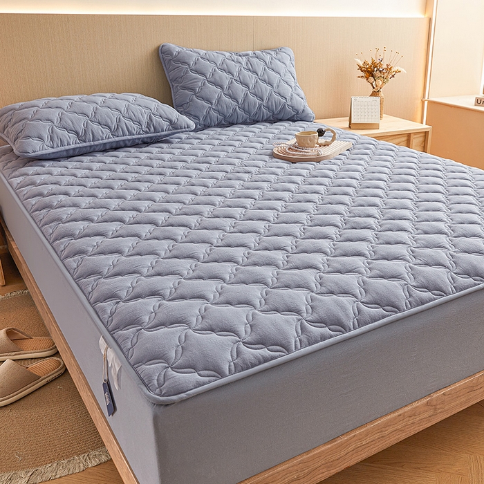 91家纺网 家纺一手货源 找家纺 3C 2024新款全棉色织水洗绵抗菌床笠 蓝灰色