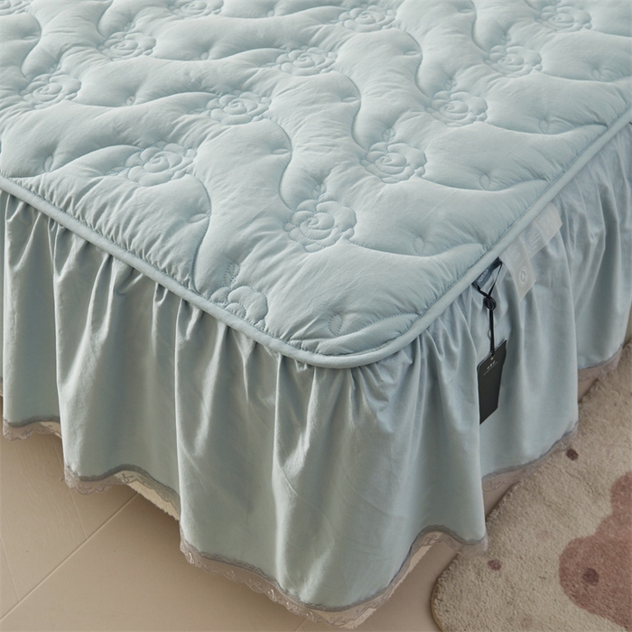 91家纺网 家纺一手货源 找家纺 3C 2024新款玫瑰水洗棉床裙式床笠 婴儿蓝