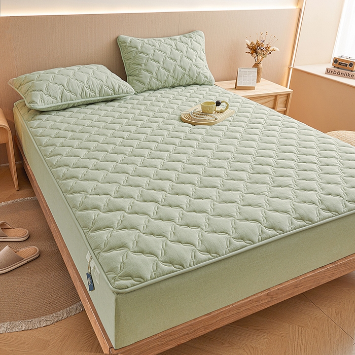 91家纺网 家纺一手货源 找家纺 3C 2024新款全棉色织水洗绵抗菌床笠 抹茶绿