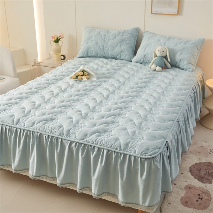 91家纺网 家纺一手货源 找家纺 3C 2024新款玫瑰水洗棉床裙式床笠 婴儿蓝