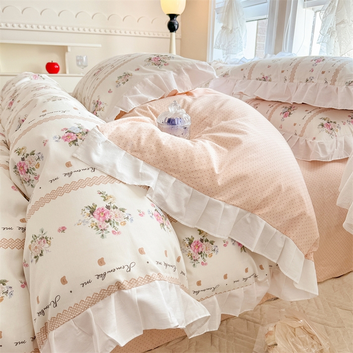 91家纺网 家纺一手货源 找家纺 简宜家居（朝初家纺） 2025新款40支斜纹全棉花边款四件套 粉色色卡