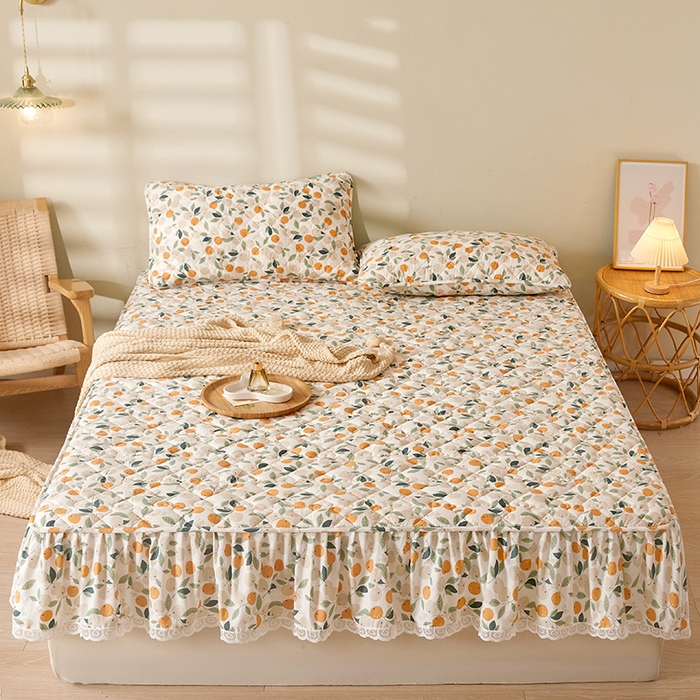 91家纺网 家纺一手货源 找家纺 3C 2024新款全棉水洗棉印花大豆床笠 小橙子花边款