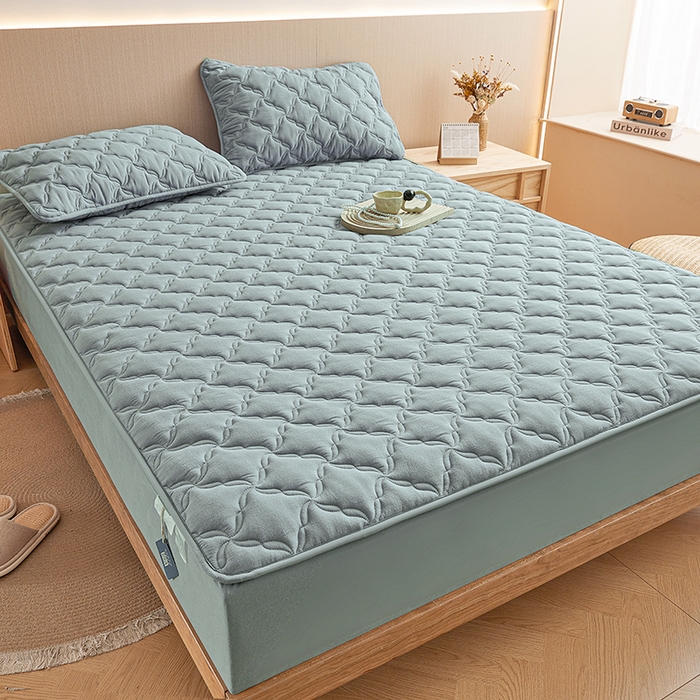 91家纺网 家纺一手货源 找家纺 3C 2024新款全棉色织水洗绵抗菌床笠 烟灰色