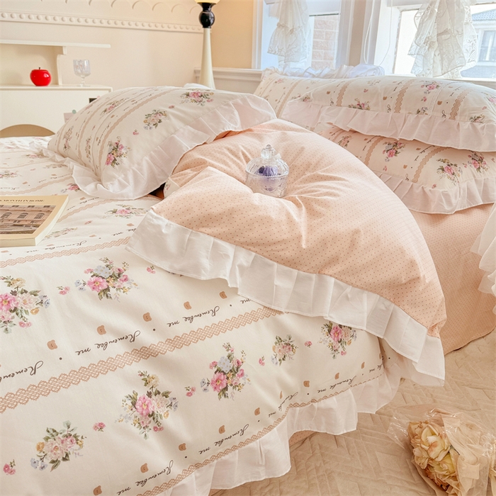 91家纺网 家纺一手货源 找家纺 简宜家居（朝初家纺） 2025新款40支斜纹全棉花边款四件套 粉色色卡