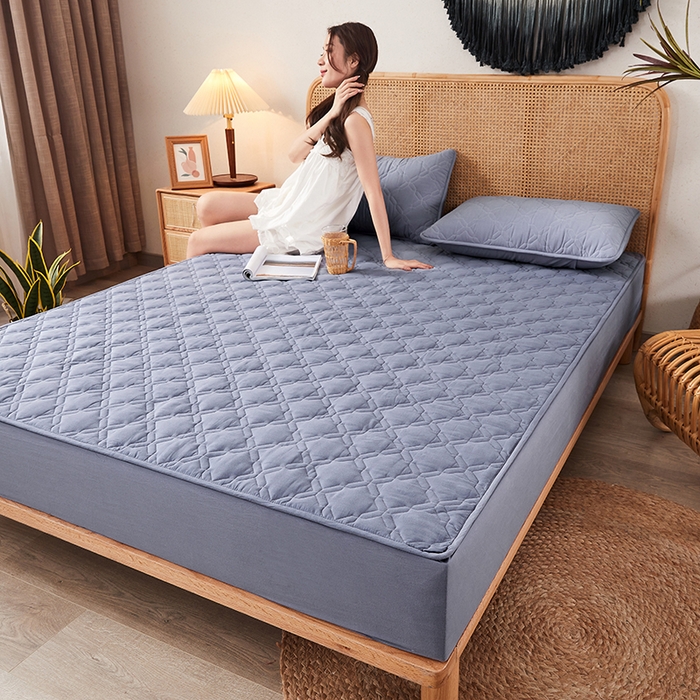 91家纺网 家纺一手货源 找家纺 3C 2024新款抗菌防螨透气防水夹棉床笠 蓝灰色