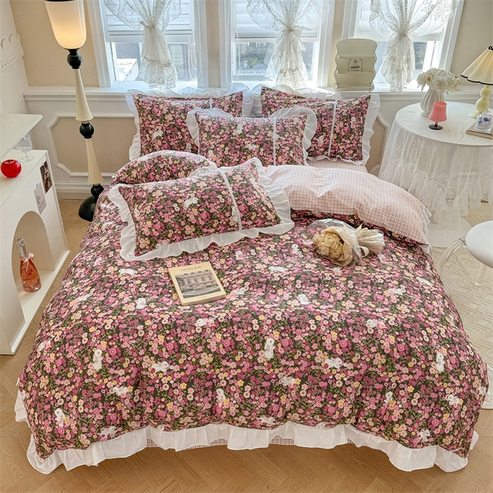 91家纺网 家纺一手货源 找家纺 简宜家居（朝初家纺） 2025新款40支斜纹全棉花边款四件套 紫鸢温柔