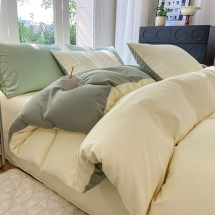 91家纺网 家纺一手货源 找家纺 芷凡家纺 2024新款水洗磨毛四件套 奶黄+抹茶