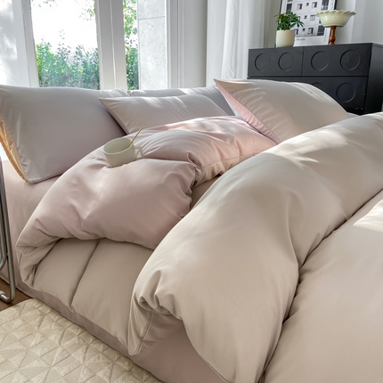 91家纺网 家纺一手货源 找家纺 芷凡家纺 2024新款水洗磨毛四件套 杏色+玫瑰金