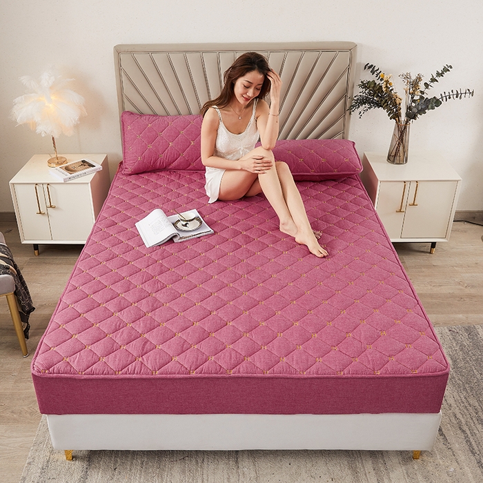 91家纺网 家纺一手货源 找家纺 3C 2024新款H标刺绣床笠 红豆沙