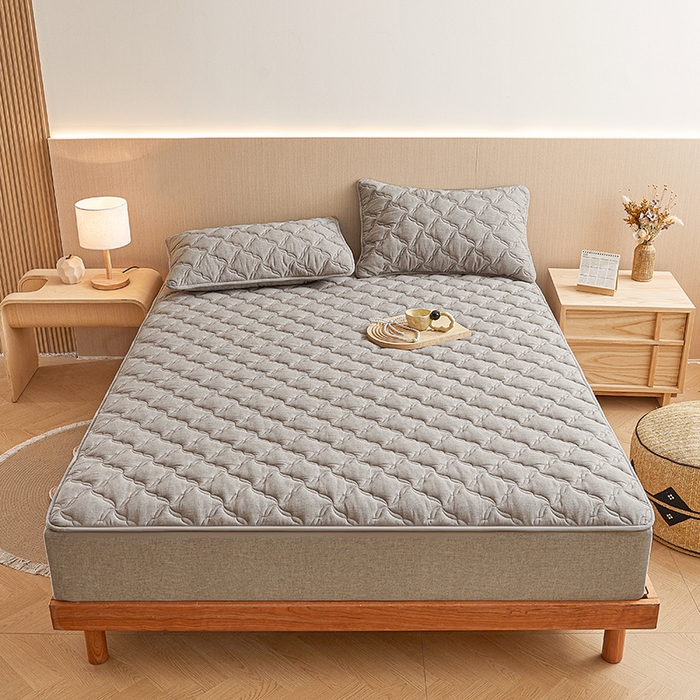 91家纺网 家纺一手货源 找家纺 3C 2024新款全棉色织水洗绵抗菌床笠 冰山灰