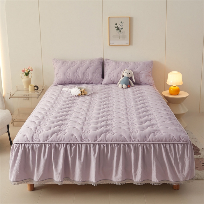 91家纺网 家纺一手货源 找家纺 3C 2024新款玫瑰水洗棉床裙式床笠 优雅紫