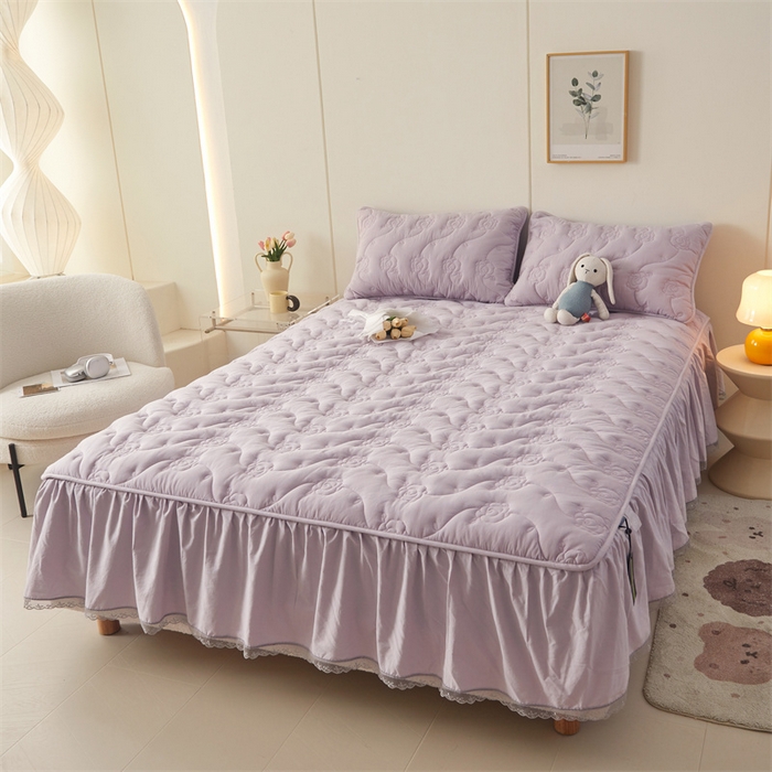 91家纺网 家纺一手货源 找家纺 3C 2024新款玫瑰水洗棉床裙式床笠 优雅紫