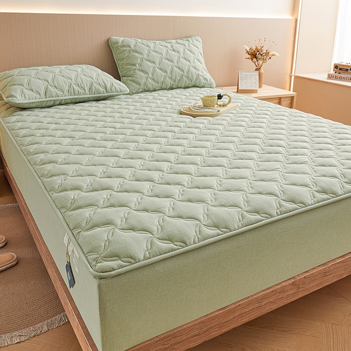 91家纺网 家纺一手货源 找家纺 3C 2024新款全棉色织水洗绵抗菌床笠 抹茶绿