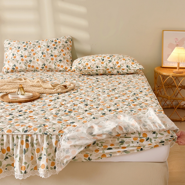 91家纺网 家纺一手货源 找家纺 3C 2024新款全棉水洗棉印花大豆床笠 小橙子花边款