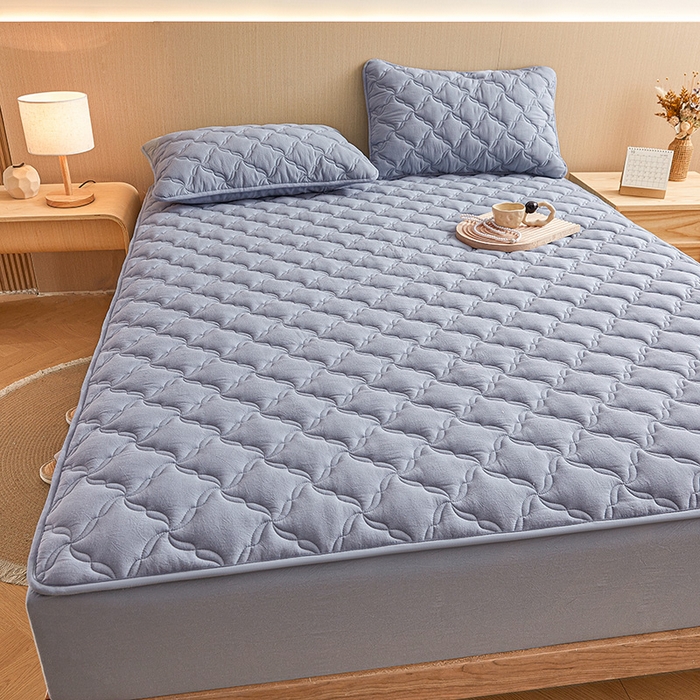 91家纺网 家纺一手货源 找家纺 3C 2024新款全棉色织水洗绵抗菌床笠 蓝灰色