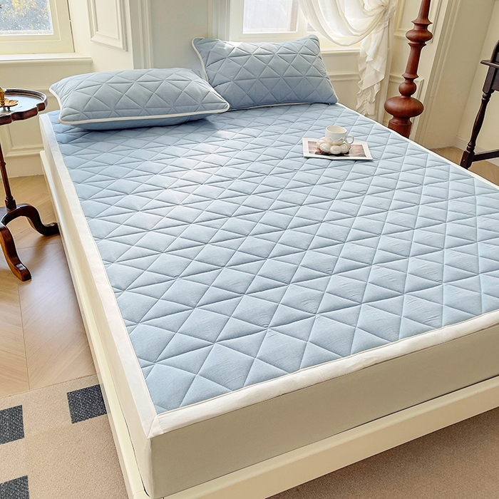 91家纺网 家纺一手货源 找家纺 3C 2024新款全棉夹棉大豆床护垫 洁净蓝