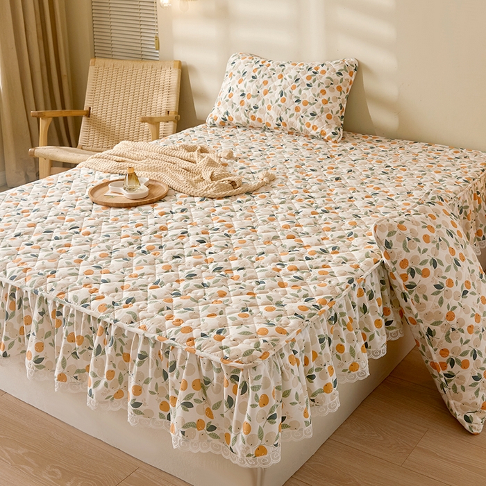 91家纺网 家纺一手货源 找家纺 3C 2024新款全棉水洗棉印花大豆床笠 小橙子花边款