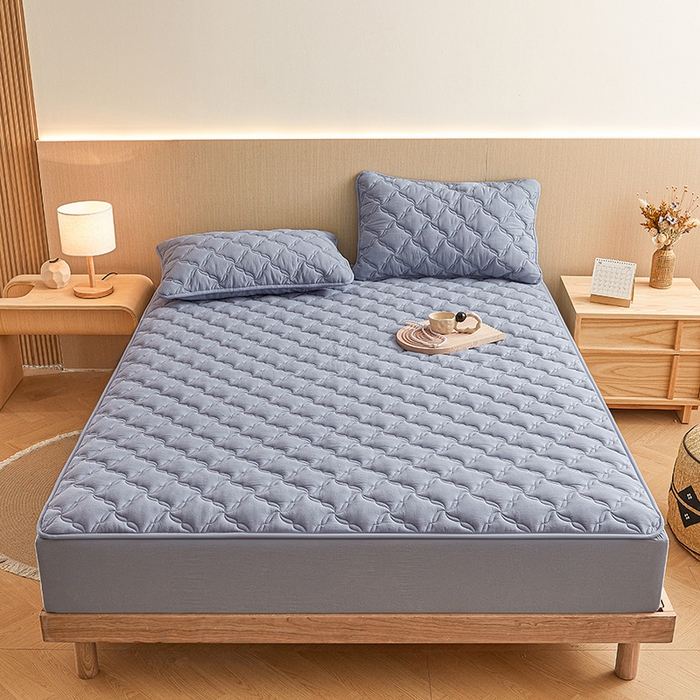 91家纺网 家纺一手货源 找家纺 3C 2024新款全棉色织水洗绵抗菌床笠 蓝灰色