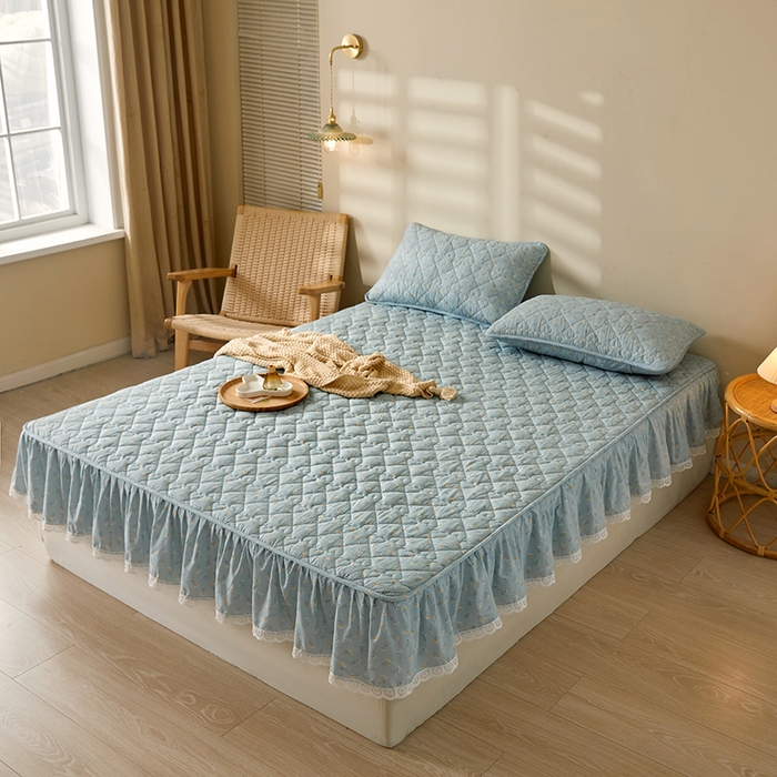 91家纺网 家纺一手货源 找家纺 3C 2024新款全棉水洗棉印花大豆床笠 絮语花边款