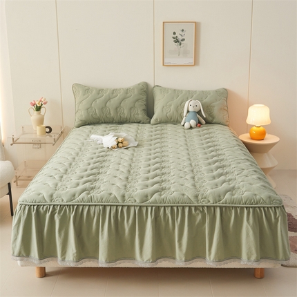 3C 2024新款玫瑰水洗棉床裙式床笠 抹茶绿