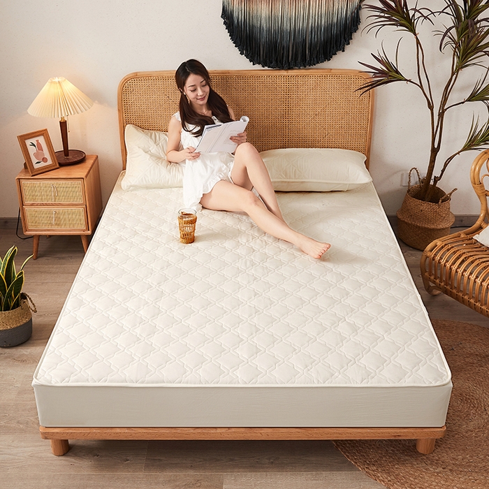 91家纺网 家纺一手货源 找家纺 3C 2024新款抗菌防螨透气防水夹棉床笠 珍珠白