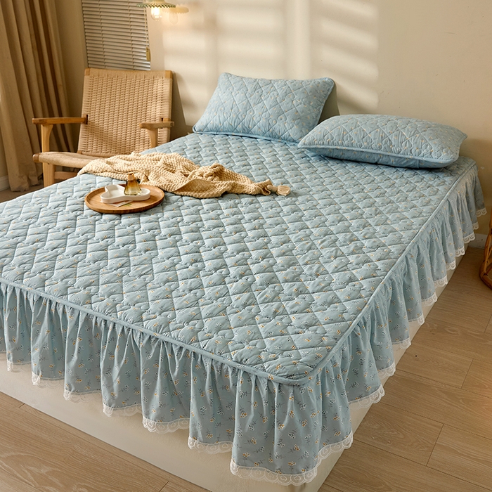 91家纺网 家纺一手货源 找家纺 3C 2024新款全棉水洗棉印花大豆床笠 絮语花边款