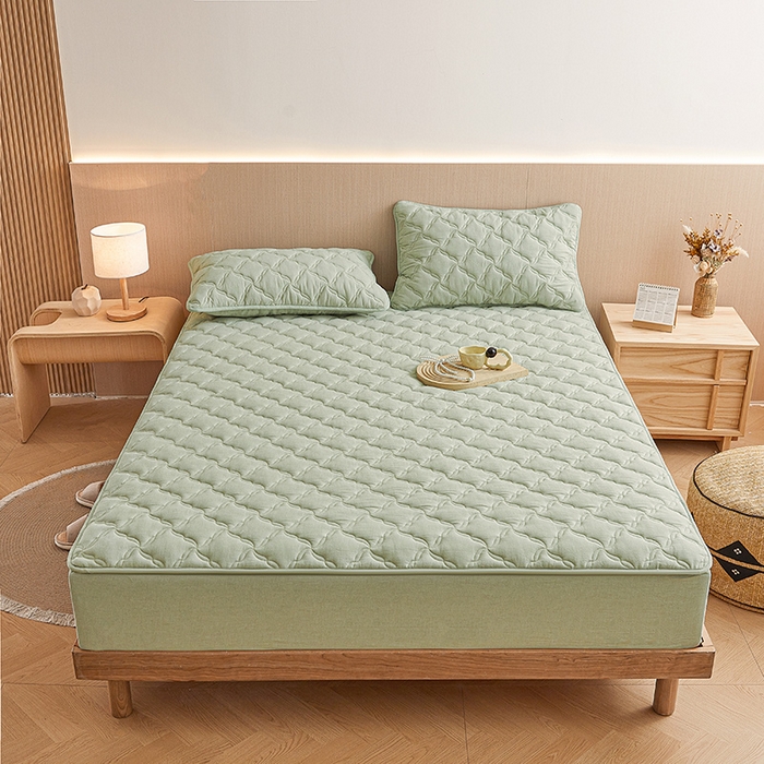 91家纺网 家纺一手货源 找家纺 3C 2024新款全棉色织水洗绵抗菌床笠 抹茶绿